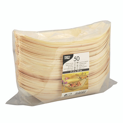 Pacáiste séalaithe de 50 tráidirí "pure" adhmaid báid ubhchruthach (21.5 x 10 cm) de chuid PAPSTAR GmbH a léiríonn an branda, an chainníocht agus an méid, foirfe chun fingerfood a sheirbheáil ag aon ócáid.