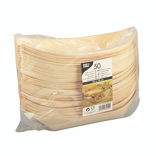 Tá pacáistiú plaisteach trédhearcach de chuid PAPSTAR GmbH ag áireamh 50 tráidirí fingerfood (báid) adhmaid, gach ceann dronuilleogach agus le húsáid aonuaire. Taispeánann an lipéad ar an tosaigh sonraí an táirge agus pictiúr de fingerfood ar phláta.