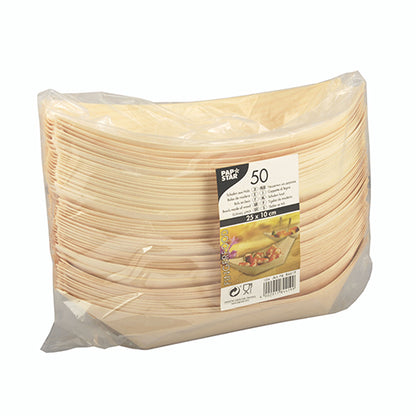 Tá pacáistiú plaisteach trédhearcach de chuid PAPSTAR GmbH ag áireamh 50 tráidirí fingerfood (báid) adhmaid, gach ceann dronuilleogach agus le húsáid aonuaire. Taispeánann an lipéad ar an tosaigh sonraí an táirge agus pictiúr de fingerfood ar phláta.