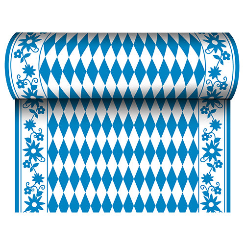 The PAPSTAR table runner, fabric-like Airlaid (24 m x 40 cm) from PAPSTAR GmbH, features a blue and white diamond pattern in the center and a blue floral pattern on the edge - ideal as a festive table runner for special occasions.