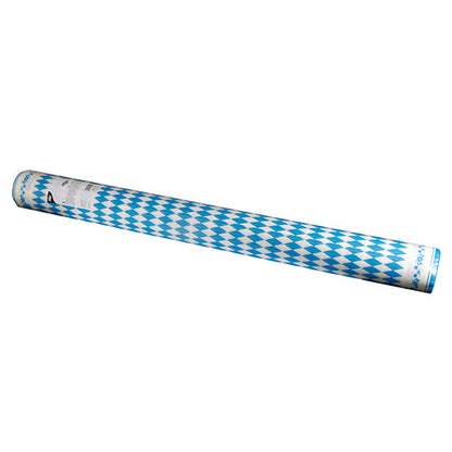 The PAPSTAR GmbH Airlaid tablecloth roll (Bavarian Blue, 25 m x 1.18 m) is decorated with a blue and white diamond pattern and is shrink-wrapped with a label at one end on a white background.