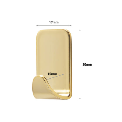 The Command™ Metal Hook Size S, gold color (17032BR-4ES) from 3M Deutschland GmbH features a golden hook with a 30x19mm backing plate and a 15mm curved extension - an ideal adhesive hook for easy, drill-free wall mounting. 4 hooks, 5 strips included.