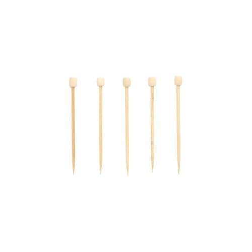 Fünf PAPSTAR 100 Fingerfood-Picker von PAPSTAR GmbH aus Bambus mit kleinen, beschreibbaren Tafel-Quadraten als Tops sind in einer horizontalen Linie auf weißem Hintergrund angeordnet.