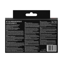 Rückansicht eines Kartons der 3M Deutschland GmbH mit Angaben zu 3M™ Partikelfilter 5935, P3 (2 Paar/Packung) + Filterhalterung 501 (1 Paar/Packung), mit Produktinformation, Gebrauchsanweisung und Barcode in Weiß auf Schwarz.