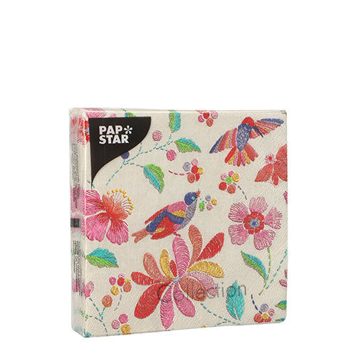 A 20-pack of PAPSTAR 3-ply napkins (25 x 25 cm, 1/4-fold) from PAPSTAR GmbH with colorful flower and bird patterns on white – ideal for a stylish table decoration.