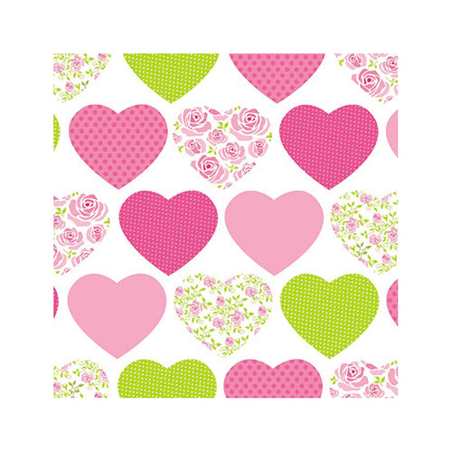 A charming heart pattern in pink, green, and white – with floral and dotted designs – adorns these PAPSTAR 20 napkins, 25 cm x 25 cm, 3-ply, from PAPSTAR GmbH.