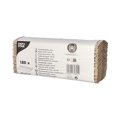 Pictured is a pack of 180 PAPSTAR towel paper C-fold, 31x25 cm, natural, 1-ply in a brand banderole of PAPSTAR GmbH, made from recycled material with product and recycling information on the label.