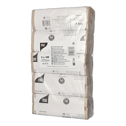 A plastic-wrapped pack with five vertically arranged stacks of PAPSTAR towel paper C-fold (1-ply, 31x25 cm, natural, 180 sheets per band), each with product info and barcode, made from recycled material by PAPSTAR GmbH.