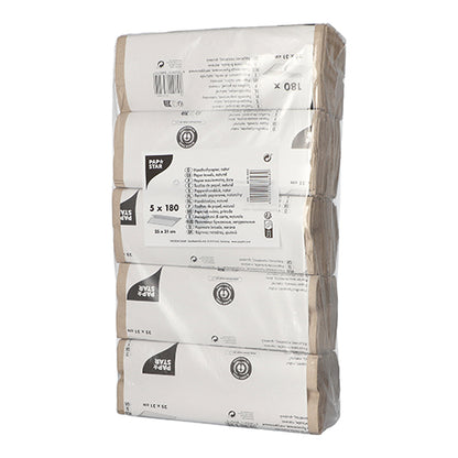 A plastic-wrapped pack with five vertically arranged stacks of PAPSTAR towel paper C-fold (1-ply, 31x25 cm, natural, 180 sheets per band), each with product info and barcode, made from recycled material by PAPSTAR GmbH.