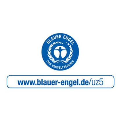 The image shows the Blue Angel label with a person and leaves in a blue circle, highlighting the PAPSTAR towel paper C-fold, 31x25 cm, natural, 1-ply (180 sheets), and the website "www.blauer-engel.de/uz5" below in a box.