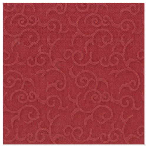 The burgundy, square napkin from the ROYAL Collection by PAPSTAR (40 x 40 cm, 1/4-folded) is adorned with an embossed, evenly distributed vine and snail pattern across the surface.