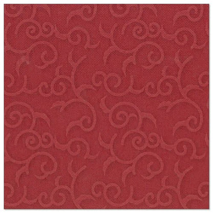 The burgundy, square napkin from the ROYAL Collection by PAPSTAR (40 x 40 cm, 1/4-folded) is adorned with an embossed, evenly distributed vine and snail pattern across the surface.