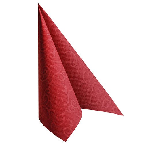 A burgundy PAPSTAR GmbH 50 Napkins "ROYAL Collection" 1/4-fold (40 x 40 cm) stands upright, folded into a triangle, against a white background.