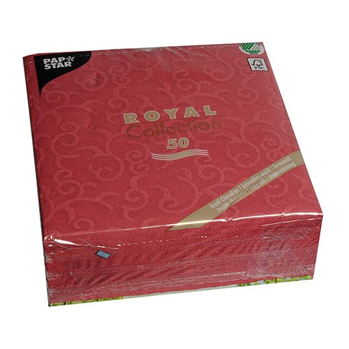 A pack of 50 burgundy PAPSTAR GmbH Napkins "ROYAL Collection" 1/4-fold, 40 x 40 cm, comes in a clear plastic packaging with decorative patterns and branding on the front.