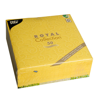 A sealed pack of PAPSTAR 50 "ROYAL Collection" napkins 1/4-fold 40 x 40 cm in yellow from PAPSTAR GmbH, with the Papstar logo at the top left and a green certification symbol at the top right.
