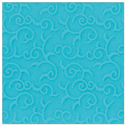 The PAPSTAR GmbH 50 napkins "ROYAL Collection" 1/4 fold 40 x 40 cm turquoise are square turquoise napkins with an embossed swirl and vine pattern that evenly covers the surface.