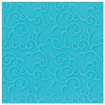 The PAPSTAR GmbH 50 napkins "ROYAL Collection" 1/4 fold 40 x 40 cm turquoise are square turquoise napkins with an embossed swirl and vine pattern that evenly covers the surface.
