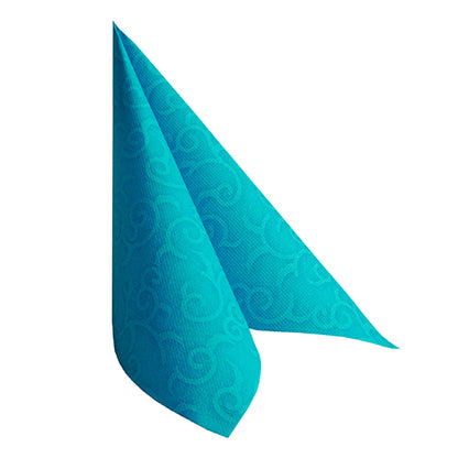 A turquoise PAPSTAR 50 napkins "ROYAL Collection" 1/4 fold napkin (40 x 40 cm) from PAPSTAR GmbH is folded into a standing triangle on a white base.