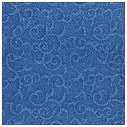 A 40 x 40 cm dark blue napkin from the PAPSTAR "ROYAL Collection" from PAPSTAR GmbH with a subtle, embossed vine pattern. Delivered in a pack of 50 and folded to 1/4 size.