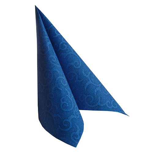 A single PAPSTAR 50 napkins "ROYAL Collection" 1/4-fold 40 x 40 cm, dark blue from PAPSTAR GmbH, is folded upright in a pointed shape against a white background.