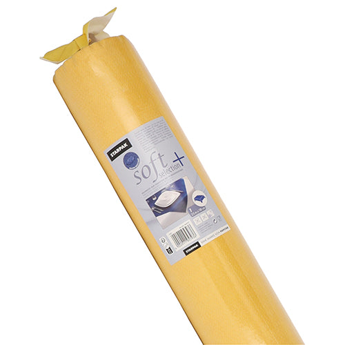 Eine aufgerollte Starpak Tischdecke, stoffähnlich, Vlies "soft selection plus" mit einem Produktetikett mit der Marke Starpak, einer Gebrauchsanweisung und einem Foto, das einen ähnlichen Komfort wie eine stoffähnliche Matratzenauflage bietet.