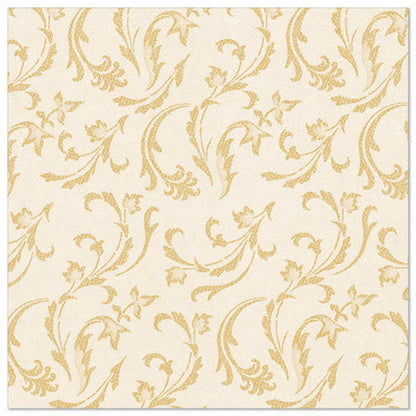 The PAPSTAR 50 napkins "ROYAL Collection" 1/4-fold 40 x 40 cm in champagne from PAPSTAR GmbH feature a classic, decorative floral and vine design in gold on a beige background, adding elegance to any set table.