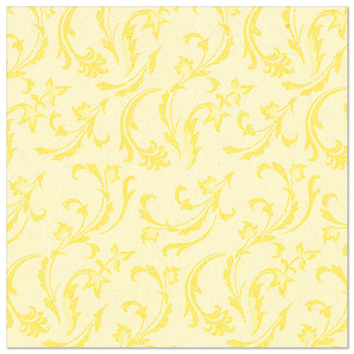 Die PAPSTAR GmbH 50 Servietten "ROYAL Collection" (40 x 40 cm, gelb, 1/4-Falz) zeigen ein gelbes Blumen- und Rankenmuster auf hellgelbem Grund - ideal für den elegant gedeckten Tisch.