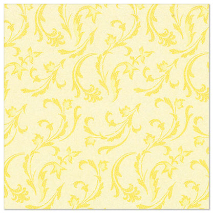 The PAPSTAR GmbH 50 "ROYAL Collection" napkins (40 x 40 cm, yellow, 1/4-fold) feature a yellow floral and vine pattern on a light yellow background - ideal for the elegantly set table.