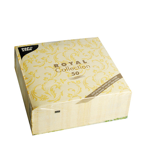 A square package with the inscription "ROYAL Collection" from PAPSTAR GmbH contains 50 yellow napkins in the format 40x40 cm with a 1/4-fold. The packaging bears the Papstar logo in the top left corner.