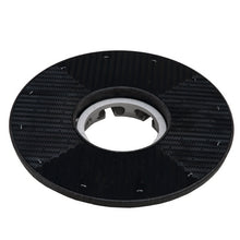 A black, round drive plate (35 cm) from Diversey Deutschland GmbH & Co. OHG, with a central metal hub and mounting holes, compatible with swingo 2500 and for use with cleaning and polishing pads; pack of 1 piece, pictured on a white background.