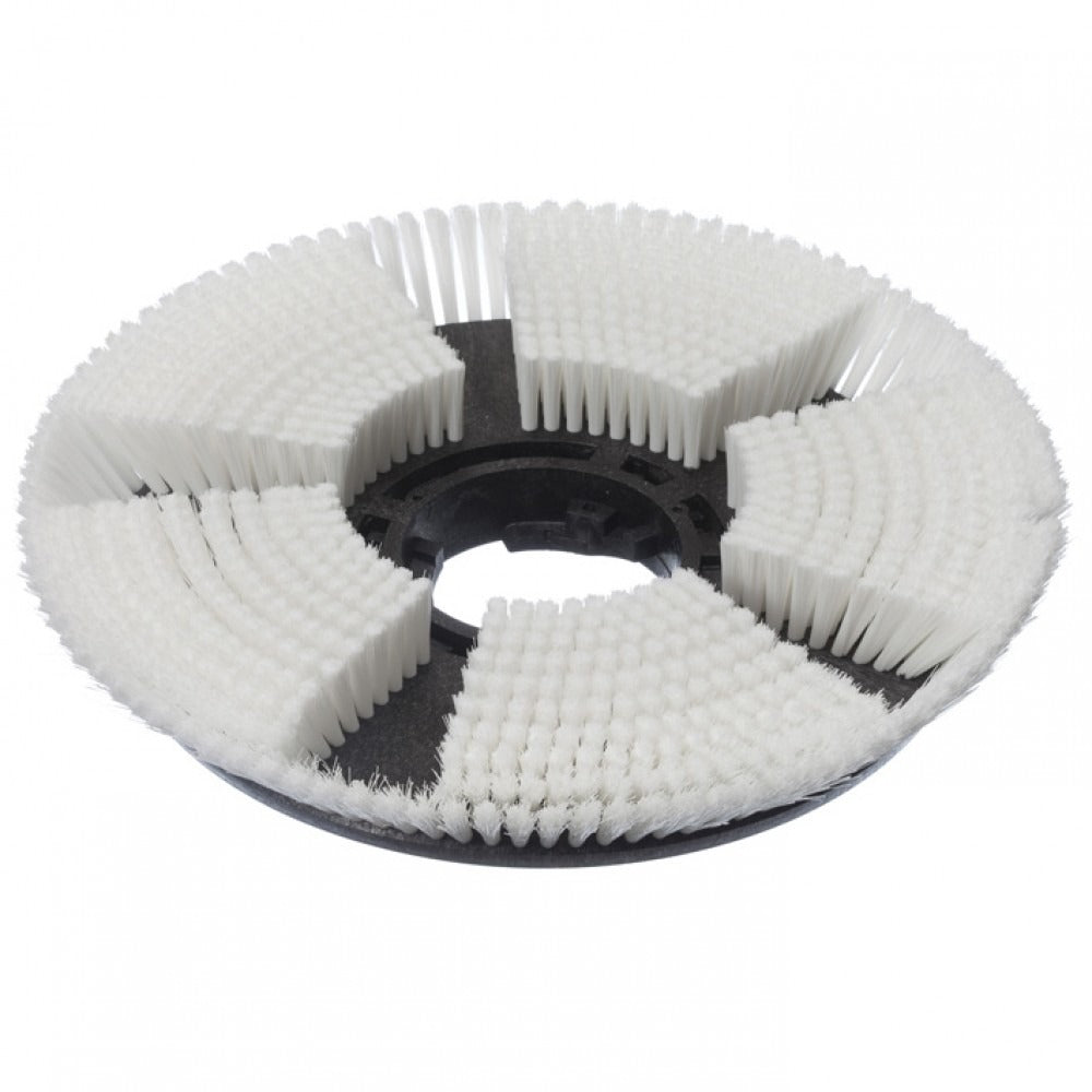 Diversey dry-shampooing brush, Ø 43 cm, for TASKI ergodisc 165: Round black plastic brush with radially arranged white bristles and center opening. Ideal for carpet cleaning. The package contains 1 piece.