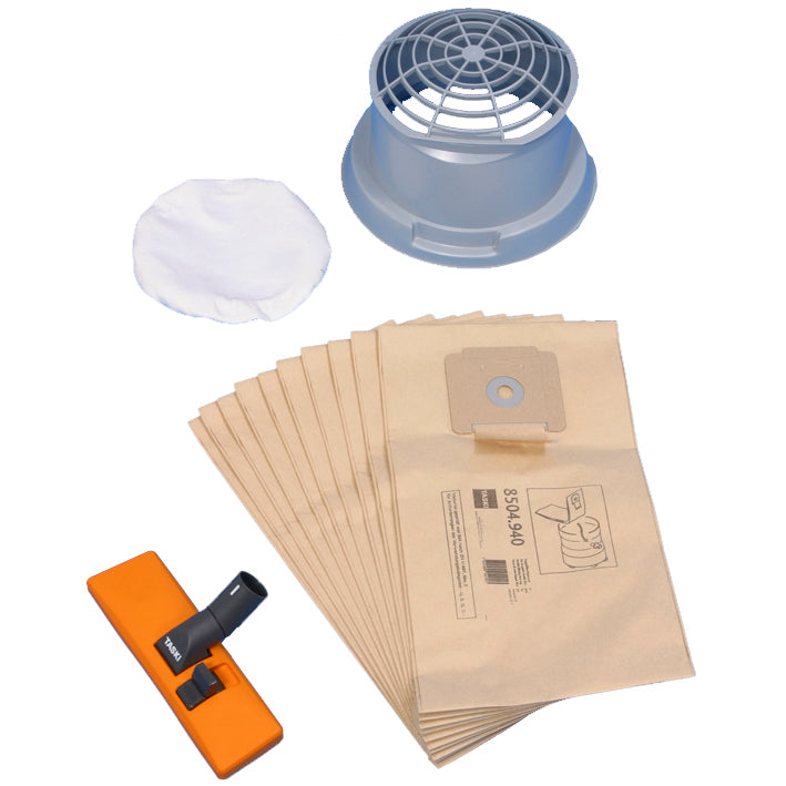 The accessory set for dry vacuuming for vacumat 22 from Diversey includes a universal dust nozzle, a double filter paper bag, a filter basket, and a filter cloth - all in one package (1 piece).