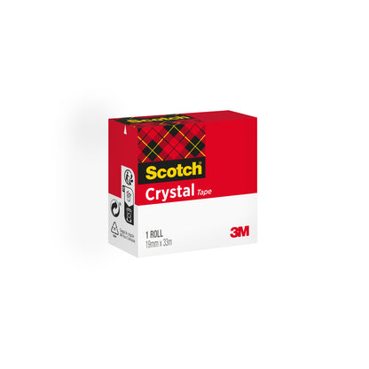 Eine Schachtel Scotch® Crystal Klebeband von 3M Deutschland GmbH, transparent, 1 Rolle (19 mm x 33 m), mit rotem und weißem Design plus Plaidmuster. Recycling- und Produktsymbole an der Seite-ideal für Bürobedarf.