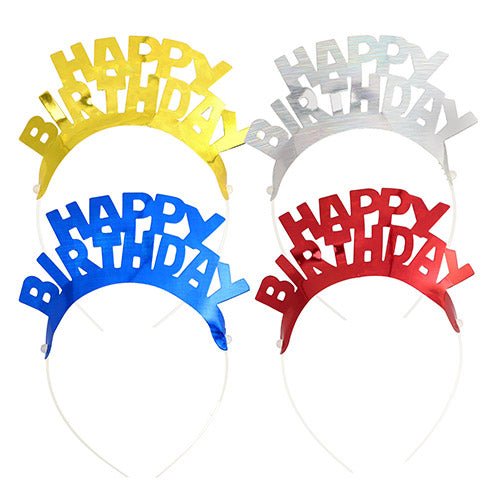 4-piece set of plastic headbands "Metallic" from PAPSTAR GmbH with the inscription "HAPPY BIRTHDAY" in yellow, silver, blue, and red - ideal for parties. Arranged in two rows. Product name: PAPSTAR 4 headbands color assorted "Metallic".