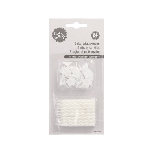 A blister pack with 24 birthday candles from PAPSTAR GmbH, 6 cm white with holders. Multilingual packaging (German, English, French); candles visible through clear foil.