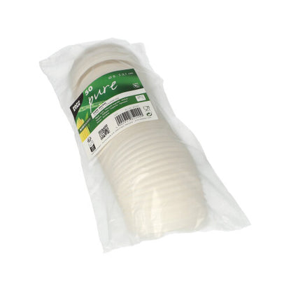 A pack wrapped in clear plastic with 50 white round C-PLA lids (2.1 cm high) from PAPSTAR GmbH with the inscription 'PAPSTAR' features green-white branding with recycling symbols for eco-friendly solutions for serving beverages.