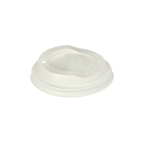 The 50 dome lid C-PLA lid from PAPSTAR GmbH, white, 2.1 cm high, biodegradable, features a raised center with small drinking and ventilation holes; depicted against a simple white background.