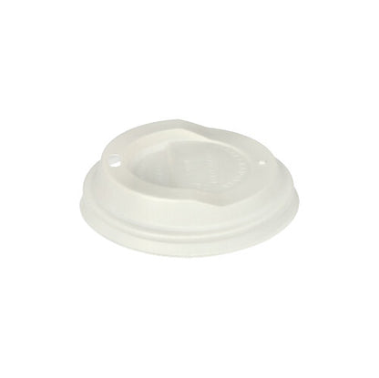 The 50 dome lid C-PLA lid from PAPSTAR GmbH, white, 2.1 cm high, biodegradable, features a raised center with small drinking and ventilation holes; depicted against a simple white background.