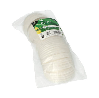 A stack of 50 white PAPSTAR C-PLA round lids (2.1 cm high) from PAPSTAR GmbH, neatly packaged with recycling and composting symbols, offers an eco-friendly, biodegradable solution.