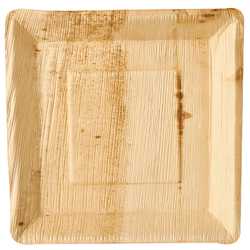 The PAPSTAR 25 plate palm leaf "pure" from PAPSTAR GmbH is a square, light brown plate with natural grain and color variations. Eco-friendly, with a raised edge and smooth center, it is ideal for special occasions.