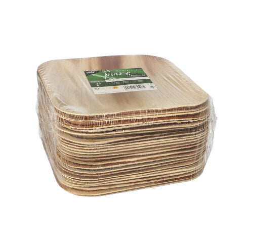 A stack of PAPSTAR 25 palm leaf plates "pure" from PAPSTAR GmbH, square and eco-friendly, made from natural materials, wrapped in clear foil and provided with a green-white label.