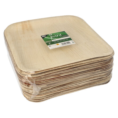 A pack of 25 square beige PAPSTAR plates "pure" made of palm leaf from PAPSTAR GmbH, sustainably packaged – ideal as eco-friendly plates for special occasions.