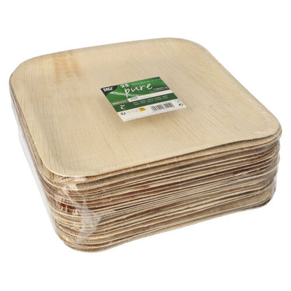 A pack of 25 square beige PAPSTAR plates "pure" made of palm leaf from PAPSTAR GmbH, sustainably packaged – ideal as eco-friendly plates for special occasions.