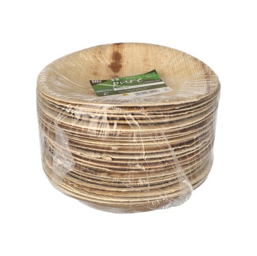 A stack of PAPSTAR 25 bowls, palm leaf "pure" round from PAPSTAR GmbH, shrink-wrapped in foil with green-white label - the eco-friendly disposable bowls for sustainable events.