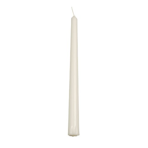 A single unlit PAPSTAR taper candle (24 cm, Ø 2.2 cm, white, 100% stearin) from the 30-piece cardboard tray stands upright against a white background. Known for its long burn time. Brand: PAPSTAR GmbH.
