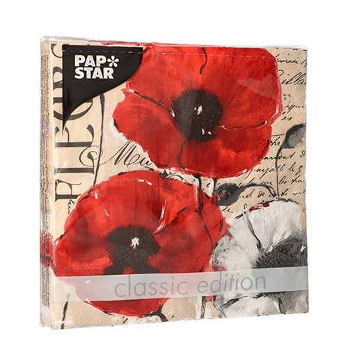 Die PAPSTAR GmbH bietet ein 20er-Pack 3-lagige Servietten (33x33cm, 1/4-Faltung) im floralen Set 5 Design an.