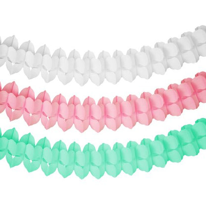 The PAPSTAR GmbH garland paper (Ø 16 cm), color assorted "Pastel", features colors white, pink, and mint green with a folded geometric pattern - a stylish choice for pastel-colored party decoration.
