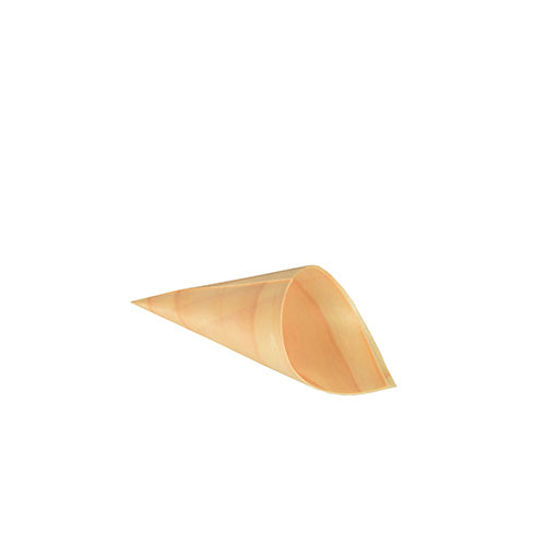 A single light brown PAPSTAR 50 finger food cone bags, wood "pure" by PAPSTAR GmbH is depicted empty and horizontally against a plain white background.