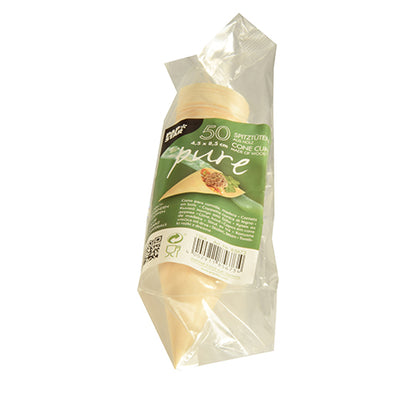 A transparent package with 50 finger food cone bags by PAPSTAR GmbH made of pure wood, with a green label with product information and images – perfect for serving finger food at any event.