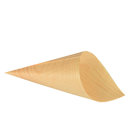 A single PAPSTAR 50 finger food cone, wood "pure" from PAPSTAR GmbH, empty and light with visible wood grain, lies on a white surface - environmentally friendly, open at one end and tapering at the other.